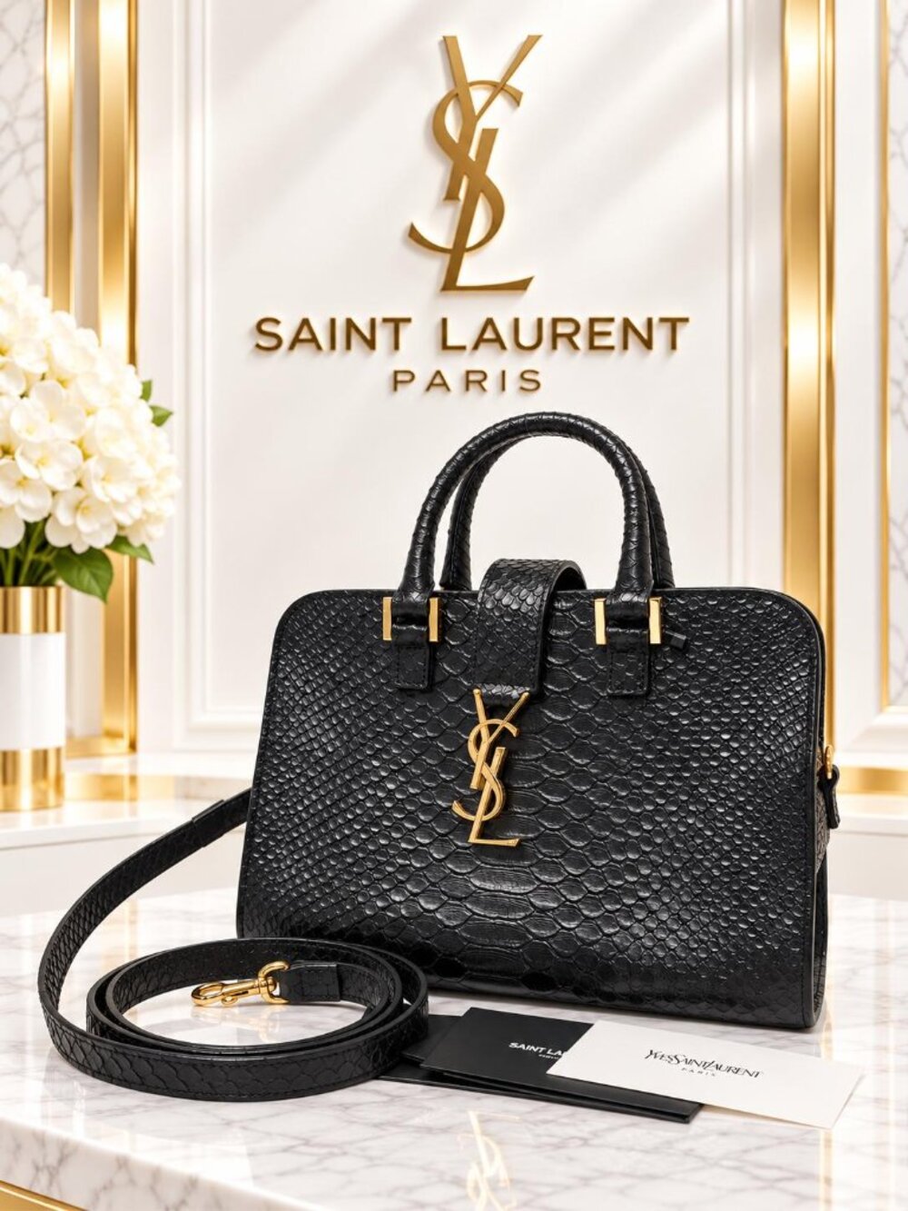 Authentic Saint Laurent YSL Black Python Embossed Leather Cabas Tote Bag